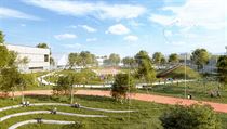 Vizualizace části parku pro sport a relaxaci v řešeném území. Vizualizace části parku pro sport a relaxaci v řešeném území.