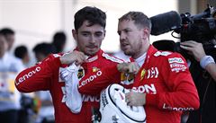 Charles Leclerc a Sebastian Vettel ve vzájemné diskuzi.