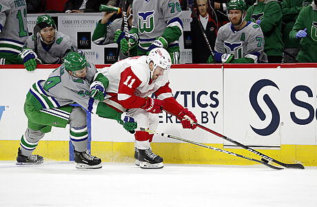 Filip Zadina (vpravo) během zápasu Detroitu s Carolinou. | na serveru Lidovky.cz | aktuální zprávy