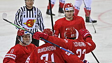 MS v hokeji, Rusko - esko: hrái Ruska se radují z první branky, uprosted...