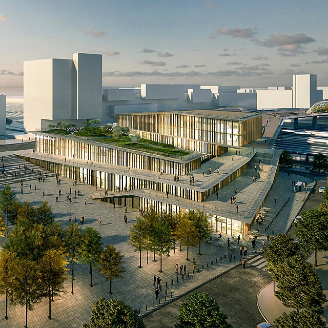 Stanice metra poblíž vlakového nádraží Saint-Denis Pleyel, Paříž, Francie