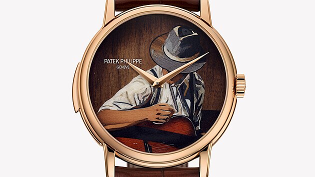 Hodinky manufaktury Patek Philippe Rare Handcrafts, využívající dřevěnou marketerii. Calatrava 5278/50R-001 Guitarist