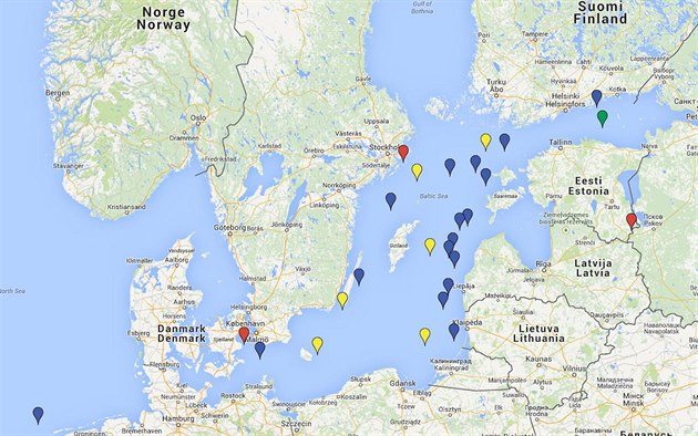 Mapa incident s ruskými vojenskými letouny a plavidly v okolí severských stát