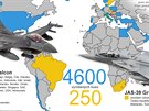 Mapa uivatel letoun F-16 a Gripen