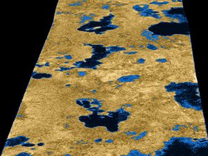 Radarov snmek jezer kapalnho metanu v okol severnho plu msce Titan.