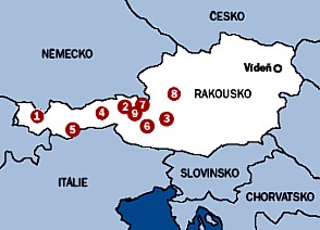 Kam na lye v Rakousku - mapa stedisek