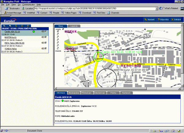 Obrazovka aplikace Eurotel Mapa Profi
