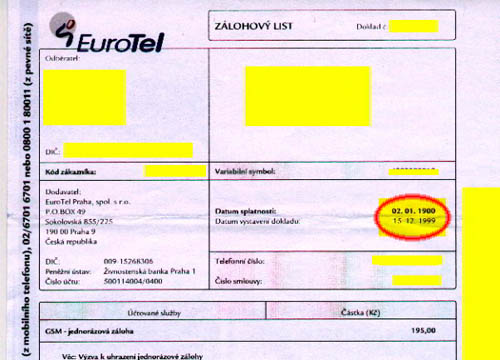 EuroTel Zlohov list s Y2K bugem