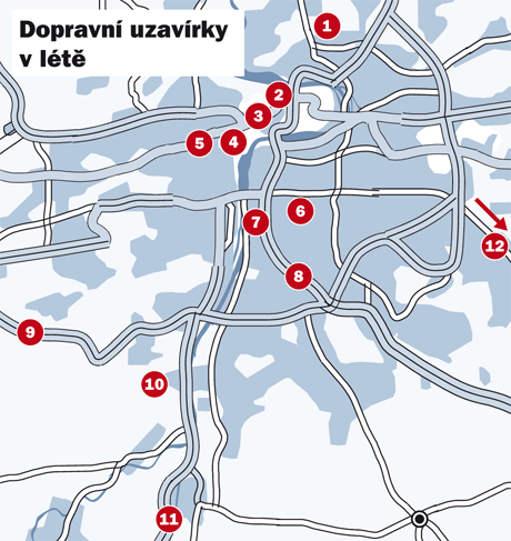 Praha: Dopravn uzavrky v lt (kliknutm zobrazte plohu v pln velikosti s popisky)