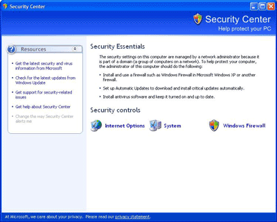 Windows Security Center v SP2 pro Windows XP