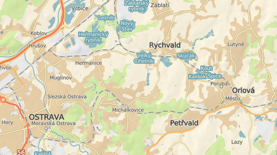 Červená značka ukazuje město Rychvald