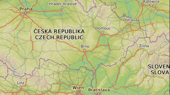 Místo, kde byl vlk nalezen na dálnici D1 a pravděpodobná oblast odkud do Čech přišel