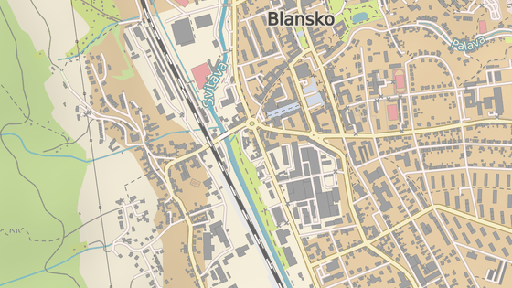 Problmov pejezd v Blansku (erven znaka) a poloha plnovanho mostu (modr)