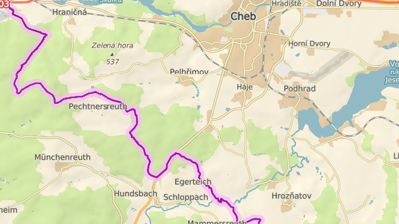 Začátek cyklostezky z Chebu do Waldsassenu.