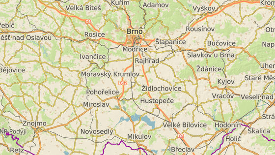 Křižovatka u Hodonína (červená), silnice u Kobeřic (modrá), u Ostrovačic (šedá) a v Mikulově (zelená)