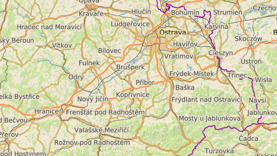 Diamo převáželo hlušinu z Paskova (červená značka) k Frenštátu pod Radhoštěm (černá značka).