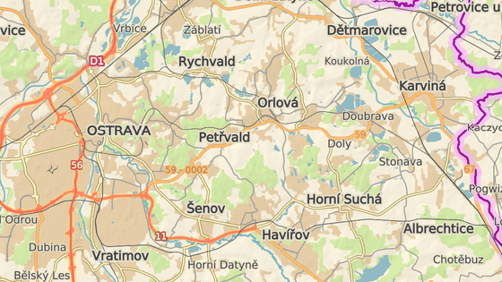 Podle plánů budou tramvaje mezi Karvinou (červená značka) a Ostravou (modrá značka) jezdit přes Orlovou (oranžová značka), nikoliv přes původně zvažovaný Havířov (zelená značka).