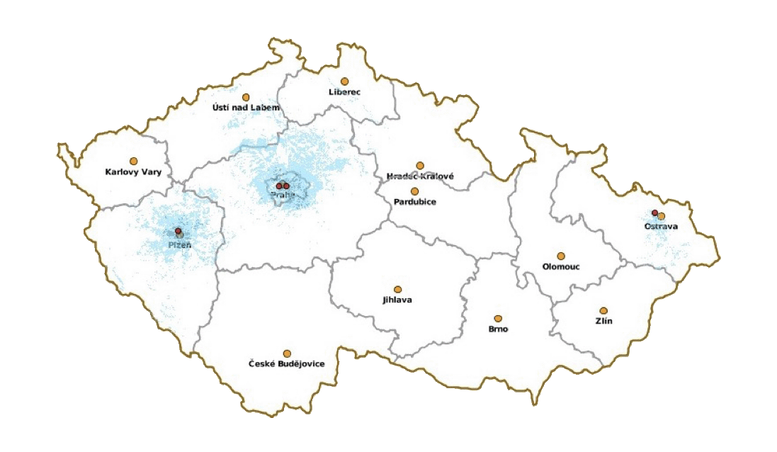 Mapa pokrytí ČR signálem v pásmu DAB+
