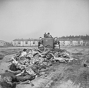 Britsk buldozer likviduje masov hrob 19. dubna 1945 v koncentranm tboe Bergen-Belsen