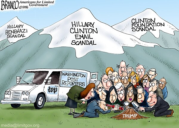 Washington Post sics 20 reporters on Trump while practically ignoring the Hillary scandals. Political Cartoon A.F. Branco 2016.