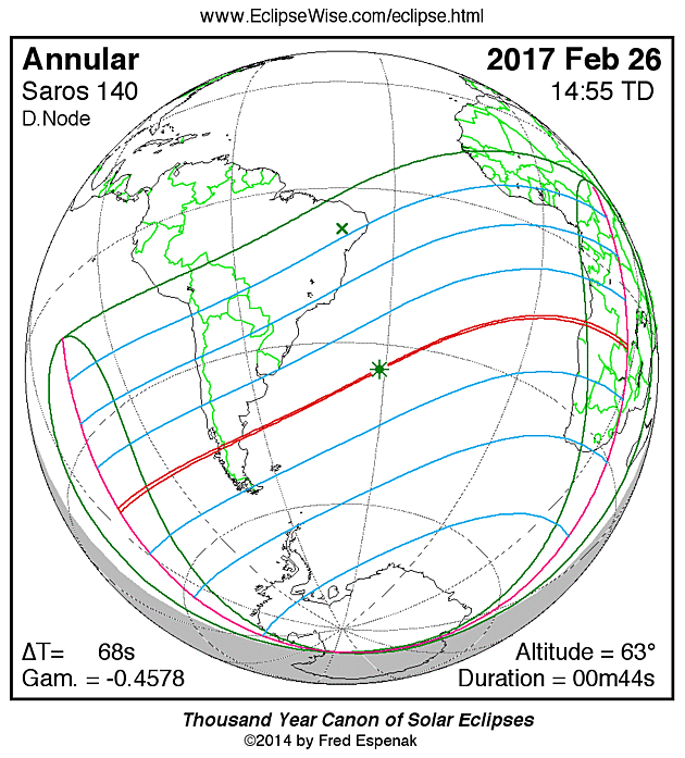 Mapa viditelnosti zatmn Slunce 26. 2. 2017