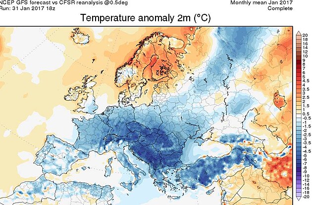 Mapa teplotn odchylky prmrn teploty vzduchu v lednu 2017. Zdroj: http://www.karstenhaustein.com/climate.php