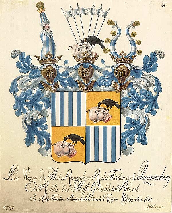 Krkavec a hlava tureckého nájezdníka. Erb Schwartzembergů po roce 1599.
