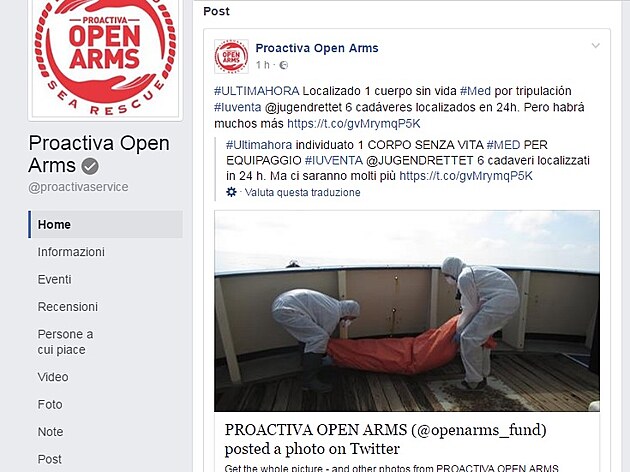 Odpoledn� zpr�va o n�lezu dal��ho utonut�ho imigranta ... publikovala to op�t neziskovka Proactiva Open Arms