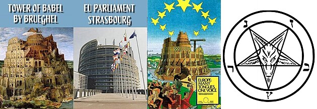 Babylonsk v - Pieter Brueghel, Evropsk parlament trasburk, plakt EU 1992, Bafomet