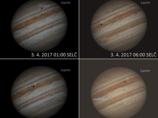P�echody Jupiterov�ch satelit� a jejich st�n� p�es kotou� planety v dubnu 2017.