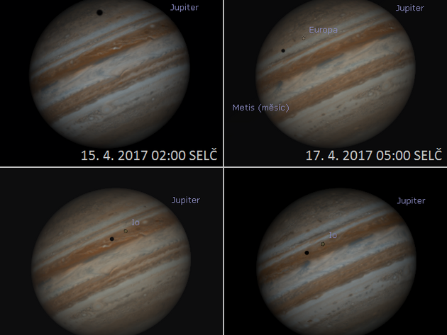 P�echody Jupiterov�ch satelit� a jejich st�n� p�es kotou� planety v dubnu 2017.