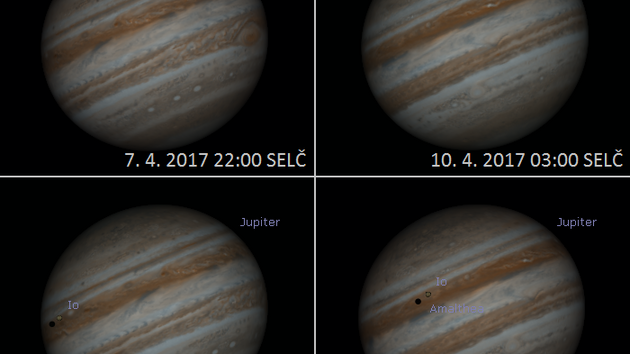 Pechody Jupiterovch satelit a jejich stn pes kotou planety v dubnu 2017.