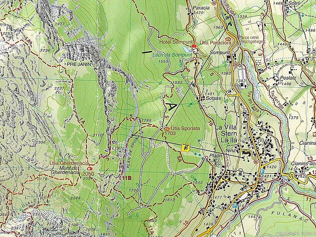 Mapa s pstupovmi cestami k boud Gardenacia/tia de Gherdenacia