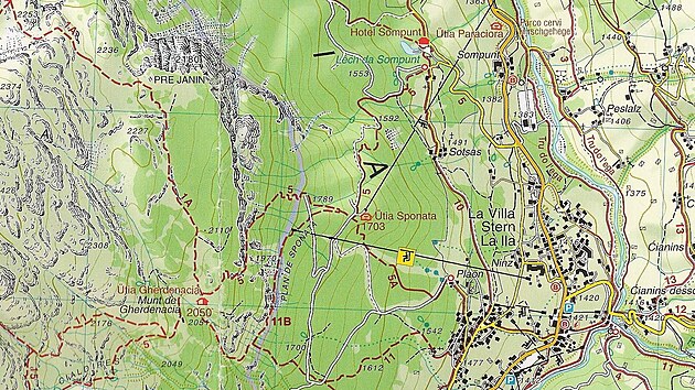 Mapa s pstupovmi cestami k boud Gardenacia/tia de Gherdenacia