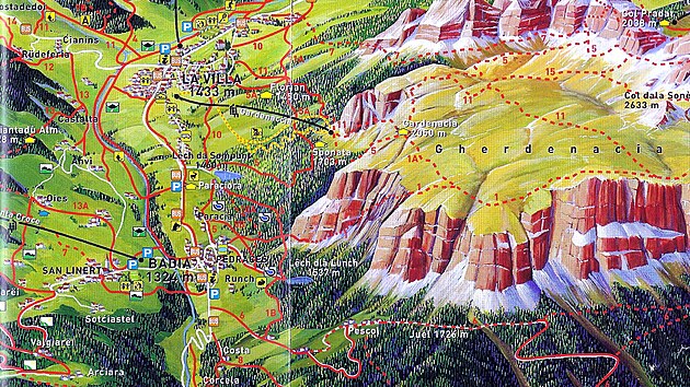 Panoramatick� mapa Gherdenacia, Stern/La Illa/La Villa - lanovka Gardenacia a stezky v okol� Rif.Gardenacia