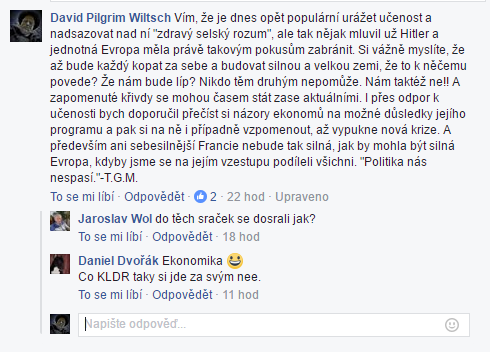 Mj koment k projevu Marie Le Pen. Vimnte si prosm tch smysluplnch reakc. Ah, ty skvl argumenty, takov dvtip a ta kvalita vyjadovn. Mu snad jen zvidt.