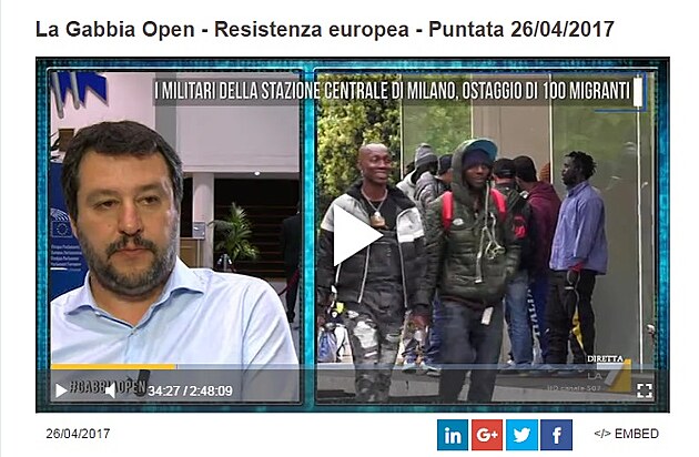 TV politick diskuzn poad Gabbia Open. Na fotografii je Matteo Salvini ...