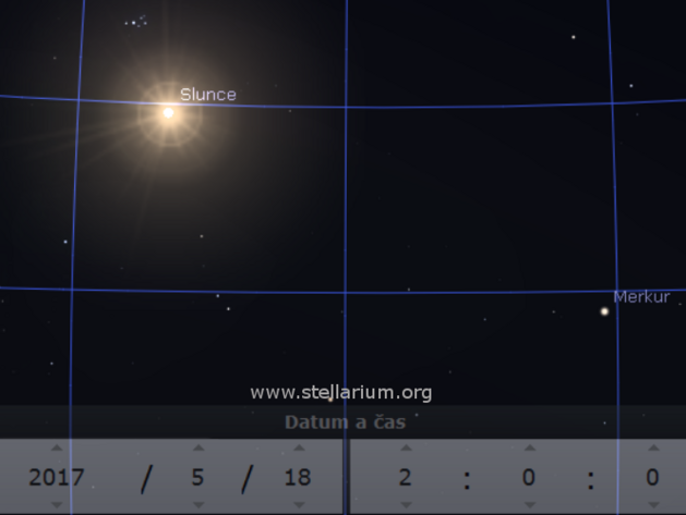 Vzjemn pozice Slunce a Merkuru pi nejvt zpadn elongaci 18. 5. 2017.