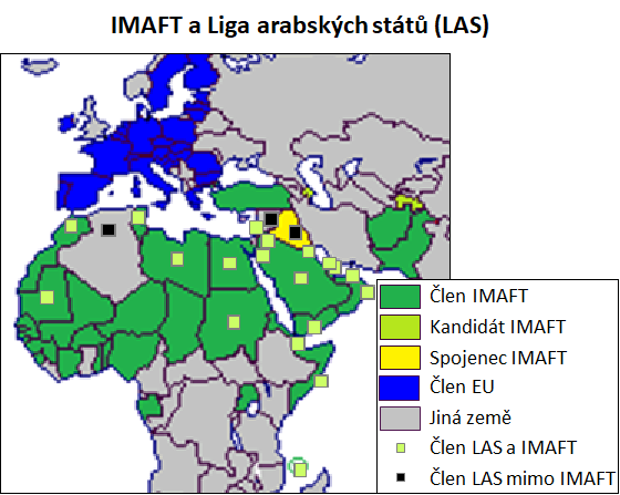 Srovn�n� 41 �len� Isl�msk� vojensk� organizace (IMAFT) s 22 �leny Ligy arabsk�ch st�t� (LAS).