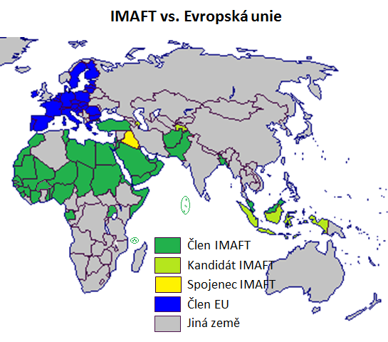Srovn�n� Isl�msk� vojensk� organizace (IMAFT) s 41 �leny a Evropsk� unie s 27 �leny.