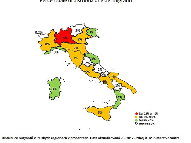 Rozmstn migrant po Itlii v procentech.