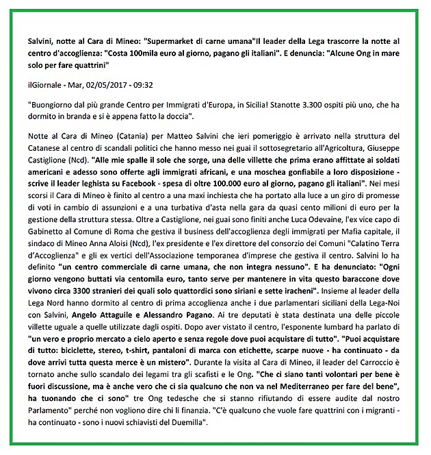Estratto testo del articolo nel Giornale ... http://www.ilgiornale.it/news/politica/salvini-notte-cara-mineo-supermarket-carne-umana-1391746.html