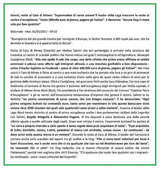 Estratto testo del articolo nel Giornale ... http://www.ilgiornale.it/news/politica/salvini-notte-cara-mineo-supermarket-carne-umana-1391746.html