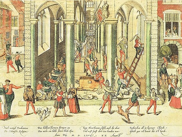 Obrazoborci ni��c� interi�r kostela. N�jak takto vypadalo jejich ��d�n� v katedr�le sv. V�ta roku 1619.