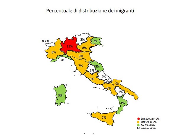 italsk regiony a poet migrant v procentech.