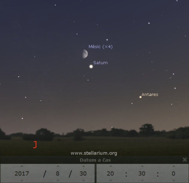 30. 8. 2017 - Msc a Saturn v srpnu podruh v blzkosti hvzdy Antares.