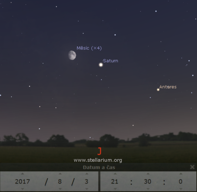 3. 8. 2017 - Msc se Saturnem v blzkosti hvzdy Antares; Msc se u nachz vchodn od Saturnu.