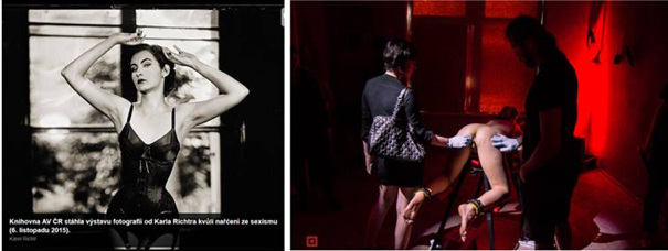 Obrzek 1: Vpravo fotografie z vstavy Karla Richtera, kter musela bt po ostrch protestech feministek sthnuta. Vpravo fotka z vstavy Voayer, proti kter feministky neprotestuj.