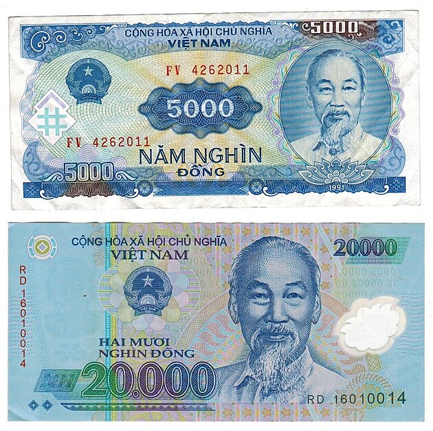 Ho �i Min na bankovk�ch (jejich nomin�ln� hodnota do 5.000 je z pap�ru a nad 10.000 z plastu).