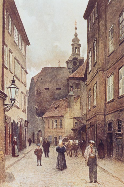Akvarel Maiselovy ulice od Vclava Jansy z roku 1896.